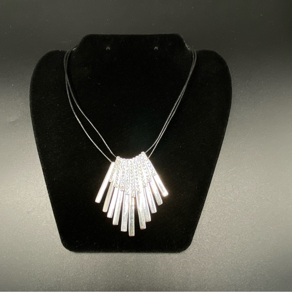 Double Leatherette Cord Silver Tone Rhinestone Dangles Necklace - Picture 1 of 9